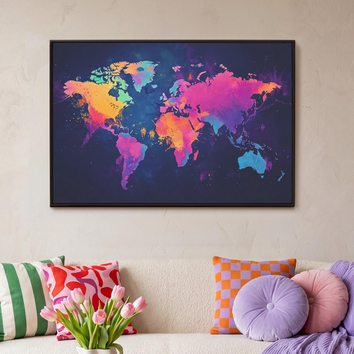 LEINWAND Bilder mit Rahmen - Weltkarte - Bunt - Graffiti - 90x60 - Multicolor, Textil (90/60cm) - MuchoWow