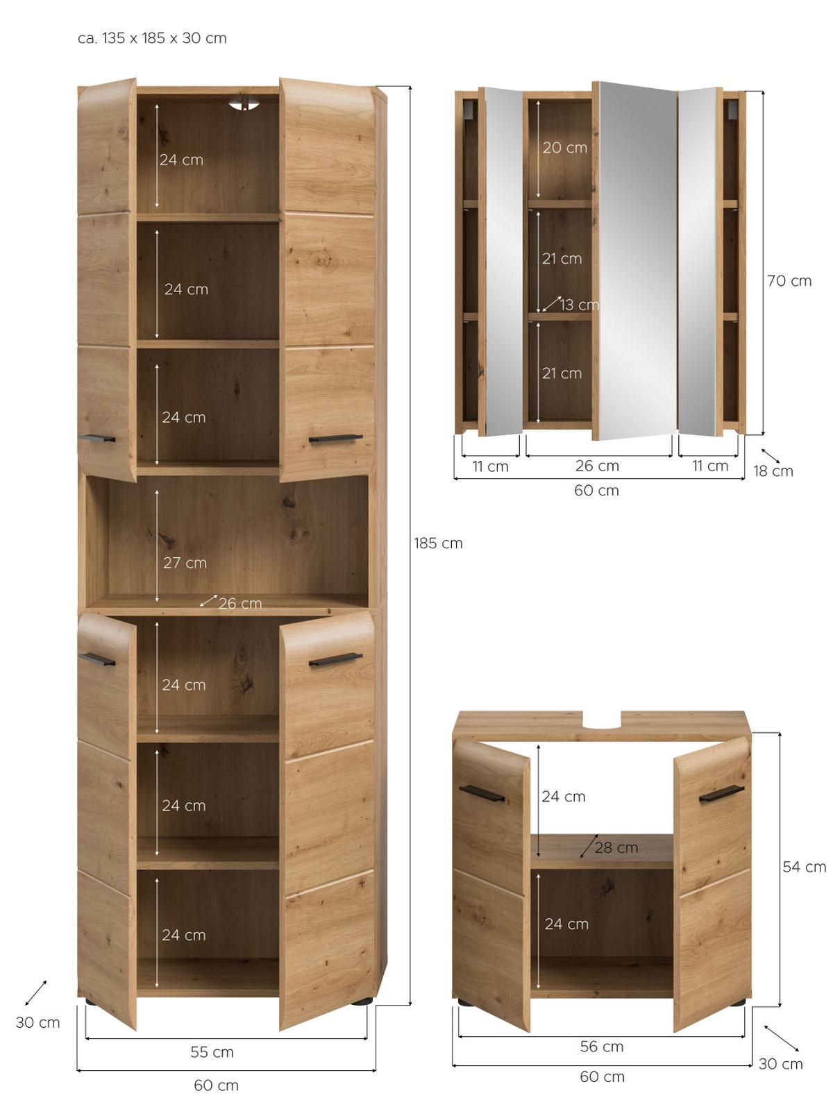 BADMÖBEL SET 3-teilig in Artisan Eiche, Badkombination 135 x 185 cm, Cover - Schwarz/Eiche Artisan, Glas/Holzwerkstoff (135/185/30cm) - Inn.Furn