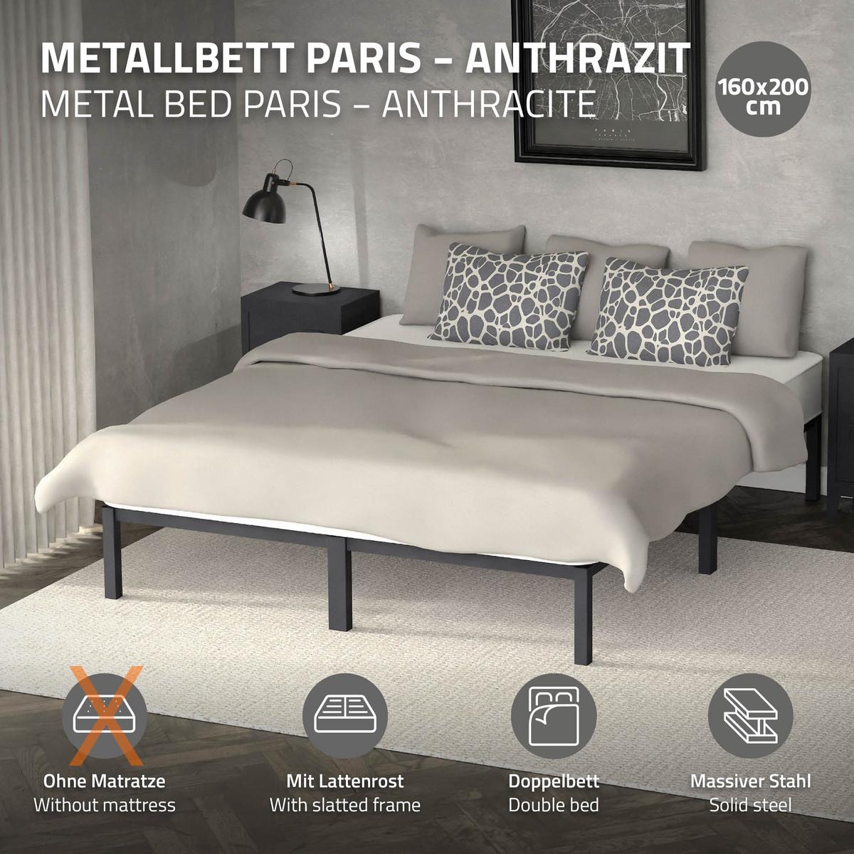 METALLBETT 160x200 cm mit Lattenrost Anthrazit auf Stahlrahmen - Anthrazit, Metall (160/200cm) - ML-DESIGN