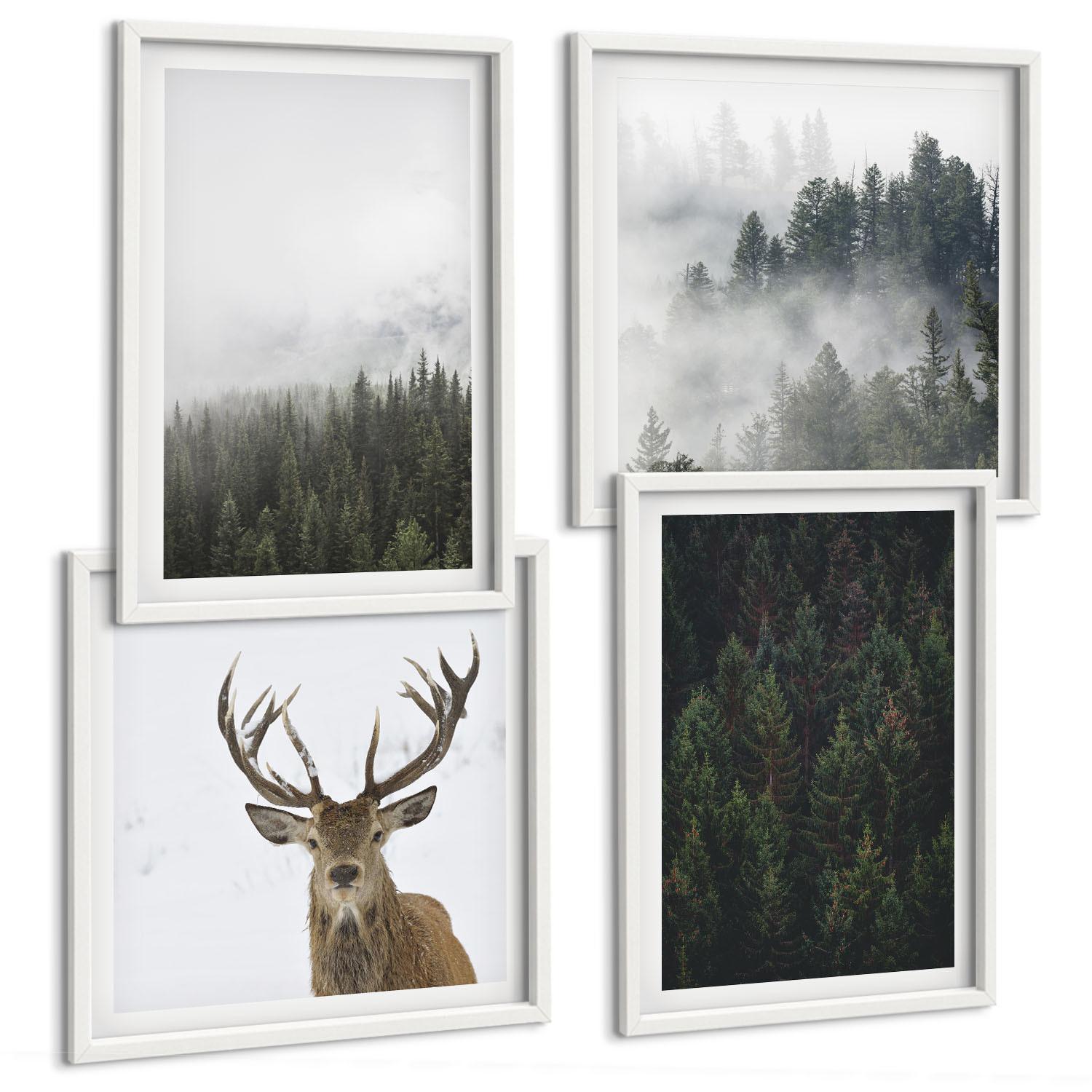 BILDER SET 4er Set - 50x50 cm & 40x60 cm Weißer Rahmen - Grüne Wälder, neblige Landschaft - Weiß, Kunststoff (50/50cm) - TULUP