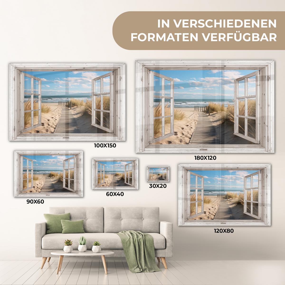 ACRYLGLASBILD Fenster - Meer - Küste - Natur - Ausblick - Strand - Wattenmeer Wandbild Schlafzimmer 120x80 cm - Beige, Glas (120/80cm) - MuchoWow