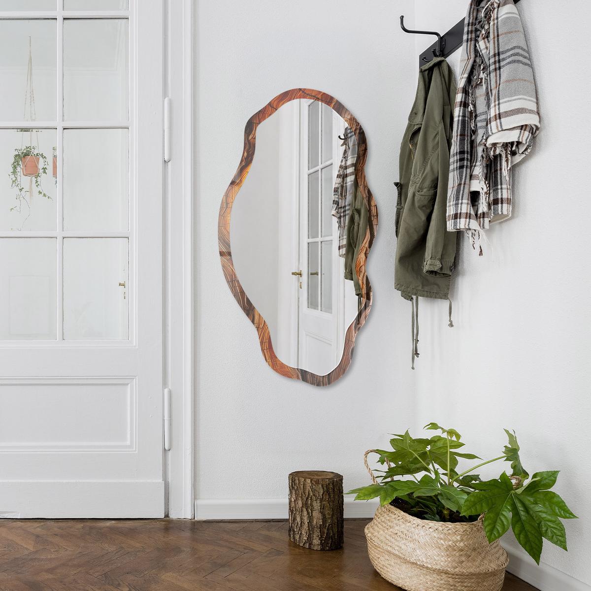 SPIEGEL 90x45 cm asymmetrisch mit Druck - Holzstruktur - Transparent, Glas (45/90/0.4cm) - TULUP