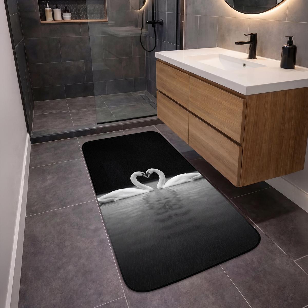 BADEMATTE Schwäne - Herz - Schwarz - Weiß 60x120 cm - Schwarz, Textil (60/120cm) - OnlyWow