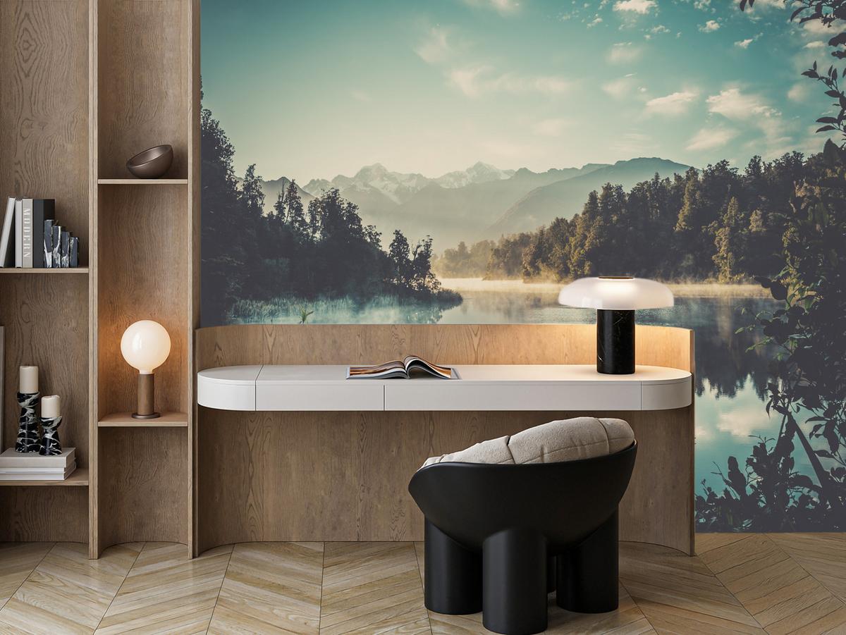 FOTOTAPETE für Esszimmer Bergsee Wald Bäume Nebel 300x210 - Türkis/Gelb, Papier (300/210cm) - Muralo