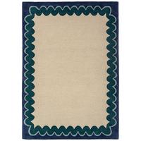 WOLLTEPPICH handgetuftet WAVENEY, Zickzack-Wellenbordüre, Petrol, 140 x 200 cm - Türkis, Textil (140/200cm) - KADIMA DESIGN