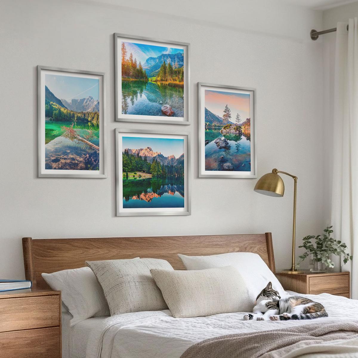 BILDER SET 4er Set - 50x50 cm & 40x60 cm Silberner Rahmen - Naturlandschaft der Bergseen - Silberfarben, Kunststoff (50/50cm) - TULUP