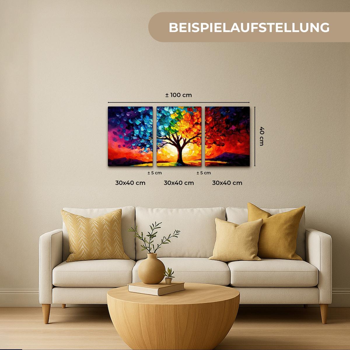 LEINWANDBILD 3er Set Baum - Farbenfroh - Malerei-Look - Abstrakt 90x40 cm - Multicolor, Textil (90/40cm) - MuchoWow