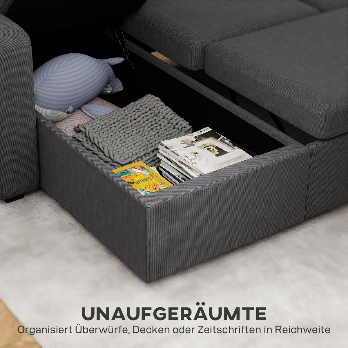BETTSOFA Verstellbar L-förmiges Gästesofa mit Bettfunktion Kissen - Beige/Schwarz, Kunststoff/Textil (135/205cm) - HOMCOM
