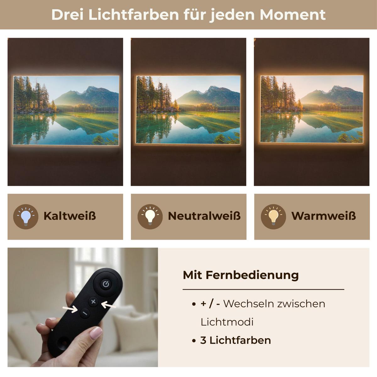 WANDLEUCHTE MIT AKKU See - Wald - Berge - Natur - Sonne - Landschaft 100x70 cm - Grün, Holzwerkstoff (100/70/8cm) - OnlyWow