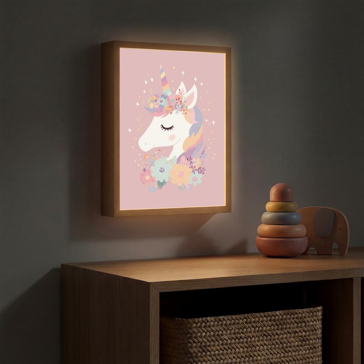 NACHTTISCHLAMPE MIT AKKU Einhorn - Rosa - Blumen 30x40 cm - Rosa, Holzwerkstoff (8/30/40cm) - OnlyWow