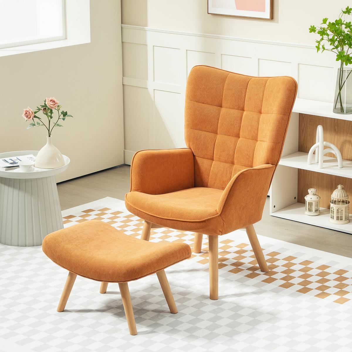 SESSEL mit Hocker, Ohrensessel mit Hoher Rückenlehne, Holzbeine, Cord, Braun - Buchefarben/Bernsteinfarben, Buchenholz/Textil (80/101/72cm) - HOMCOM