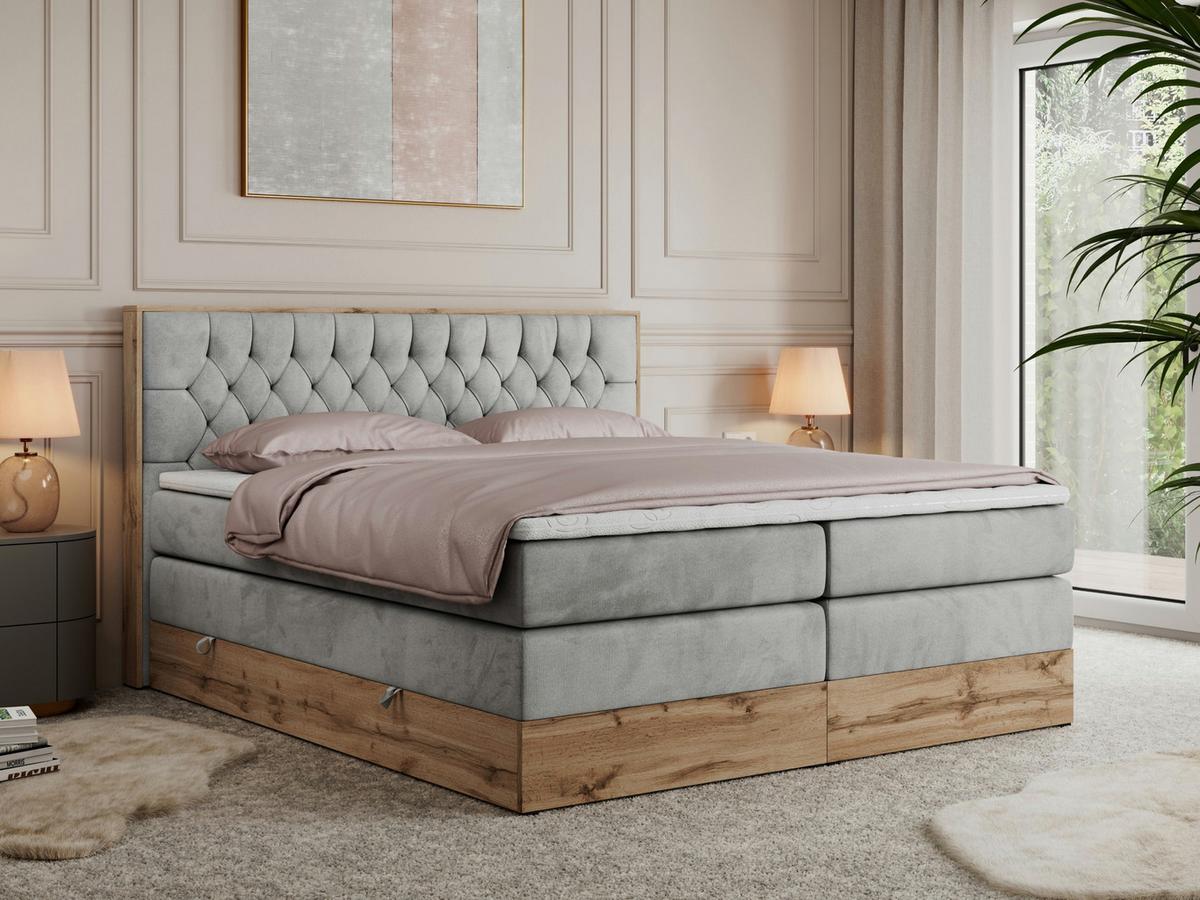BOXSPRINGBETT AMORE KING 180/200 Hellgrau Velvet - H4 - Hellgrau, Holz/Textil (180/200cm) - MKS