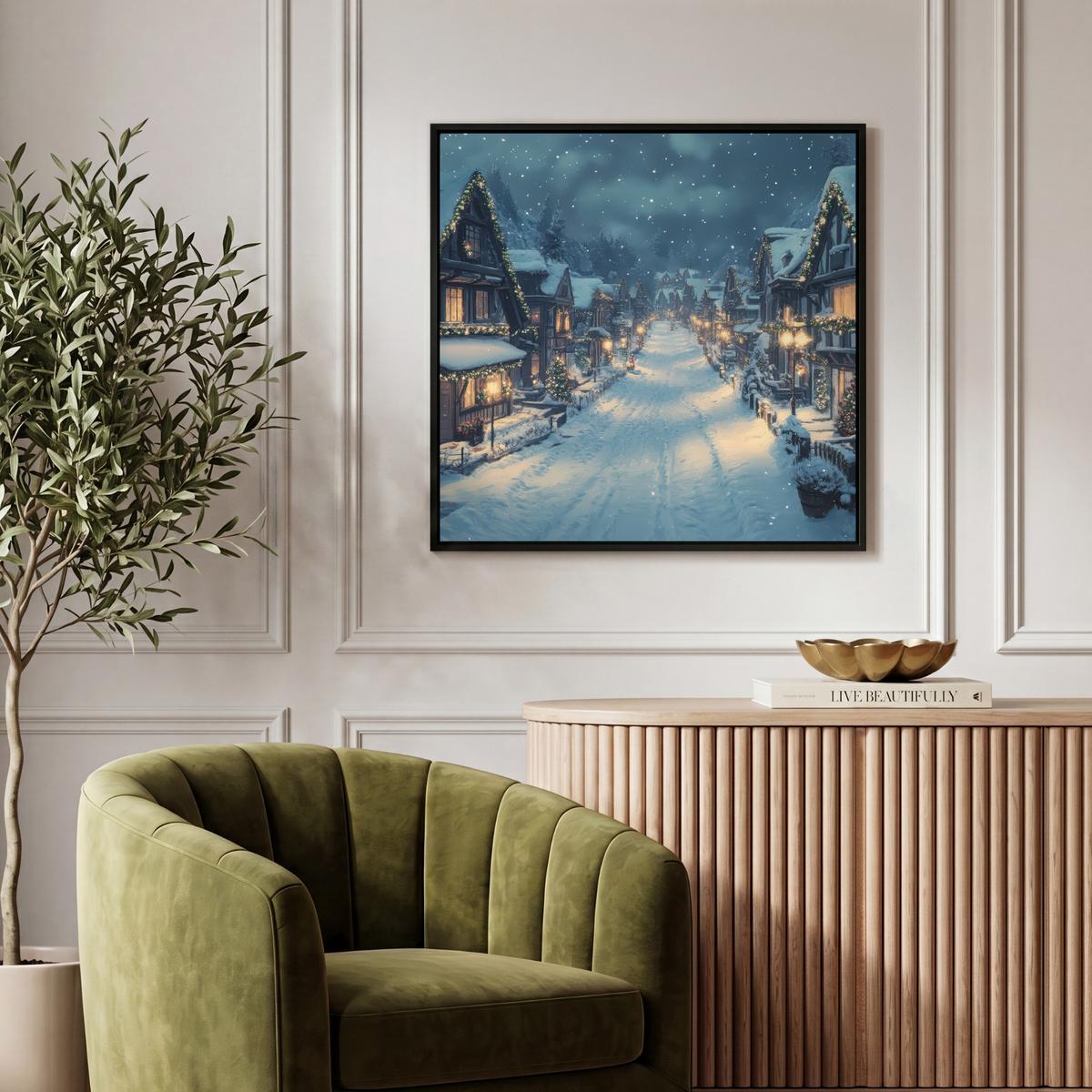 LEINWAND Bilder mit Rahmen - Weihnachtsdorf - Weihnachten - Schnee - Winter - 50x50 - Dunkelblau, Textil (50/50cm) - MuchoWow