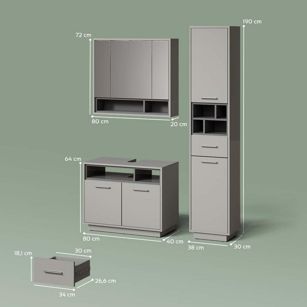 BADMÖBEL-SET Temo Grau 3 Teile, mit Hochschrank - Grau, Holzwerkstoff (80/64/40cm) - Livinity®