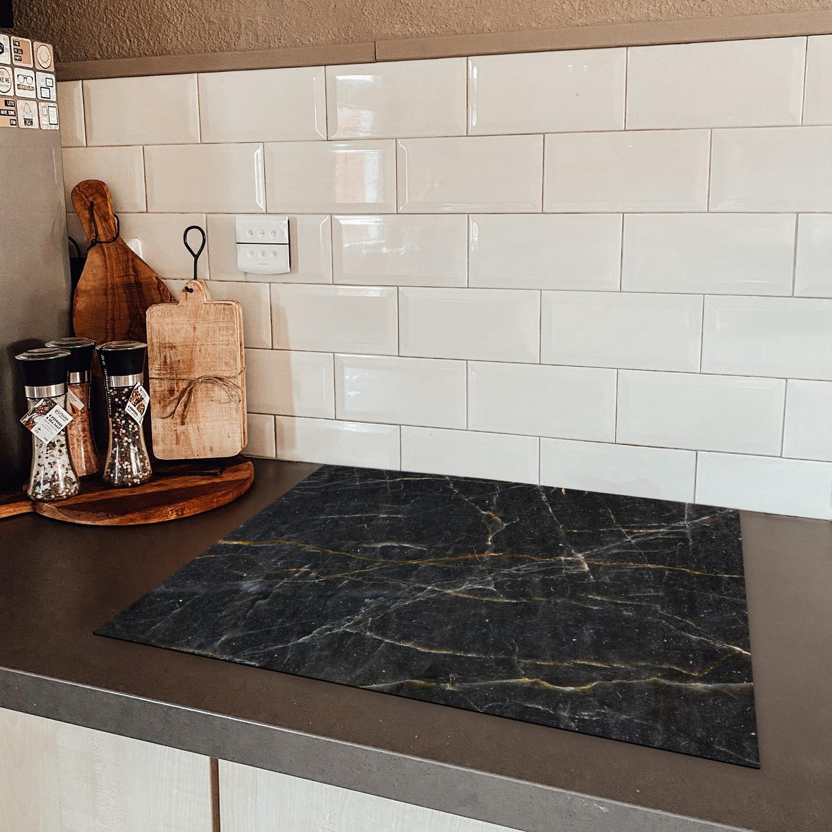 HERDABDECKPLATTE Marmor - Schwarz - Gold - Grau - Marmorstruktur Herdabdeckung Induktionsfeld 65x52 cm - Goldfarben, Kunststoff (65/52/0.2cm) - MuchoWow