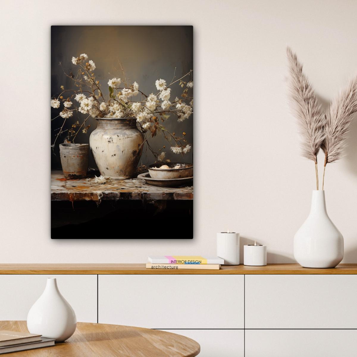LEINWANDBILD Stilleben - Blumen - Blumenstrauß - Vase - Wein Wanddeko 40x60 cm - Schwarz, Textil (40/60cm) - MuchoWow
