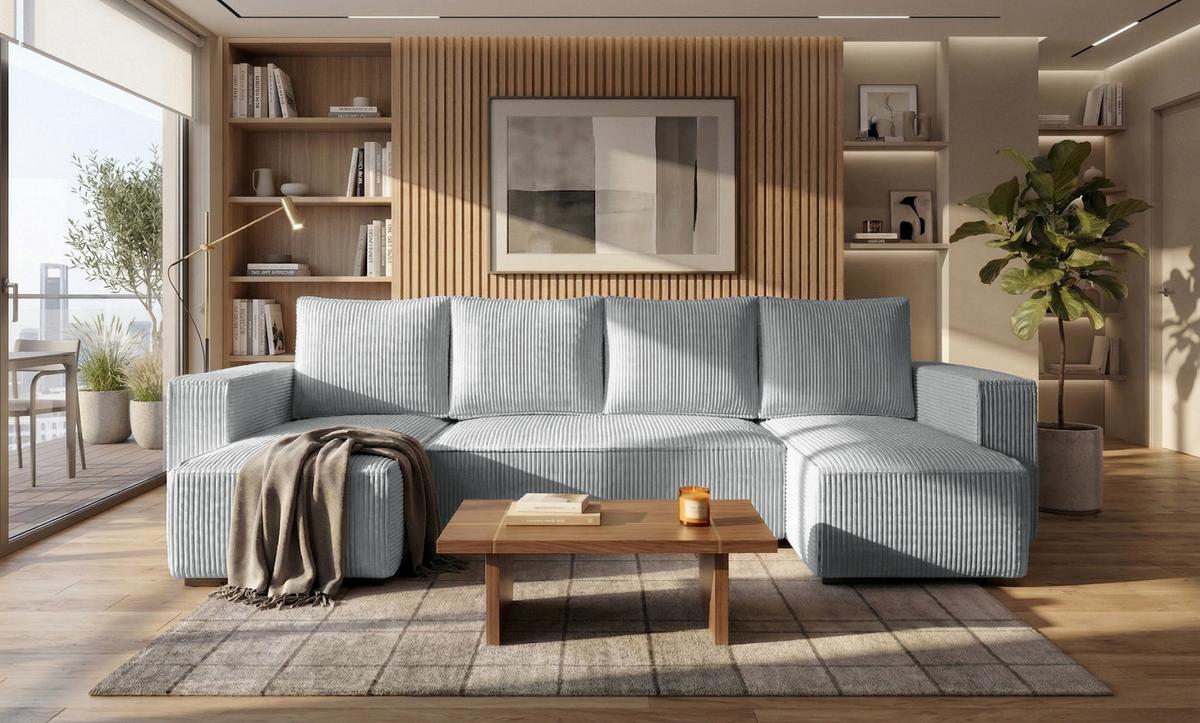 WOHNLANDSCHAFT CUDDY U mit Schlaffunktion und Bettkasten, Farbe: Grau, Cordstoff - Grau, Textil (305/85/140cm) - Storez24