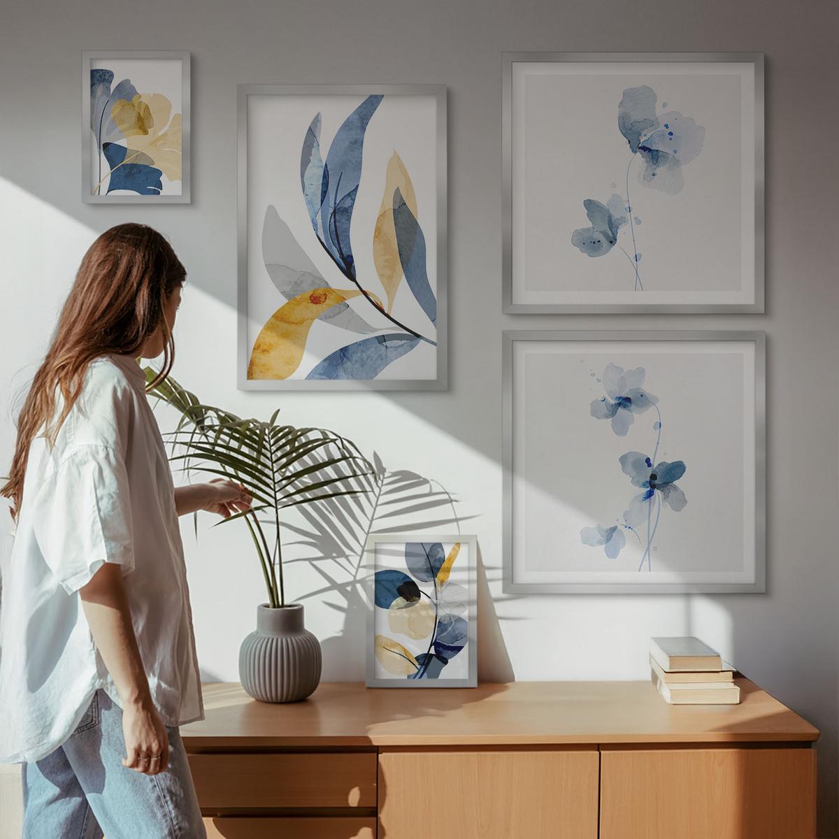 BILDER SET 5er Set - 50x50 cm & 20x30 cm & 40x60 cm Silberner Rahmen - Aquarell-Pflanzenmotive - Silberfarben, Kunststoff (40/60cm) - TULUP