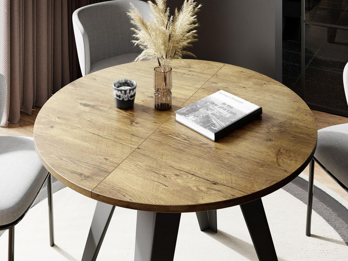 ESSTISCH Glory runder ausziehbarer, Lancelot Eiche 90-130/100/76 cm - Eichefarben/Schwarz, Holzwerkstoff/Metall (90/130/76cm) - WFL GROUP