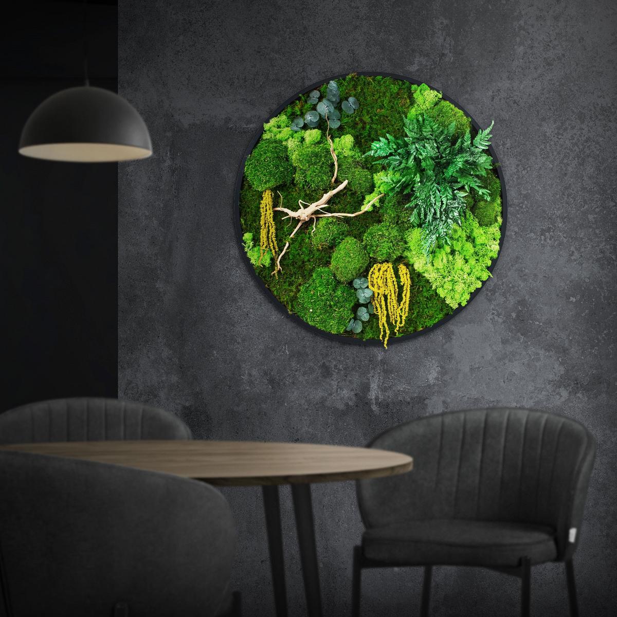 MOOSBILD Rund Ø 60 cm Mooswand Indoor mit echtem Kugel-, Island- und Flachmoos-Mix und Ästen Holzrahmen Grün - Gelb/Grün, Naturmaterialien (60/60/3cm) - ECD-Germany