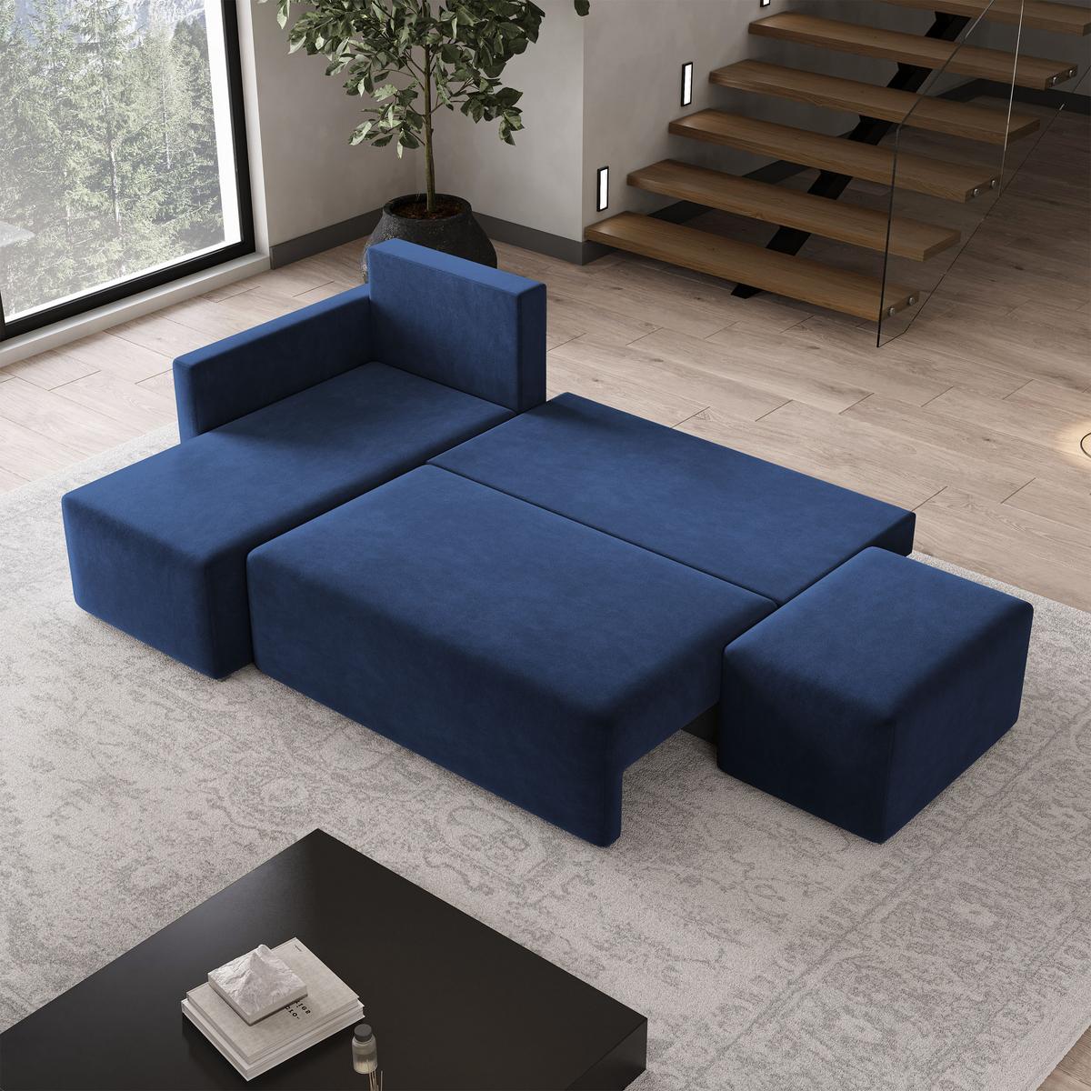 ECKSOFA VELOTTI L-S Blau Plüsch-Stoff mit Schlaffunktion - Blau, Holz (261/143cm) - MASSENO