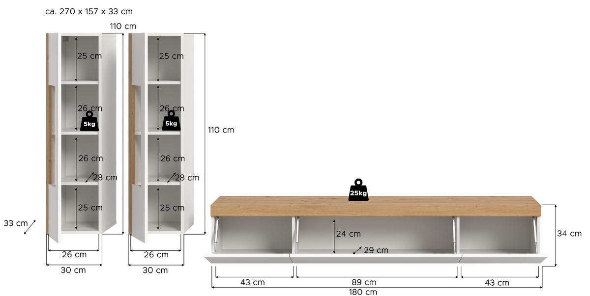 WOHNWAND 3-teilig weiß und Eiche 270 cm, Schrankwand stehend/hängend - Schwarz/Weiß, Glas/Holzwerkstoff (270/181/33cm) - Inn.Furn