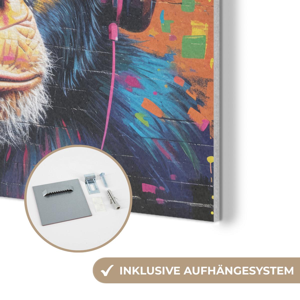 AKUSTIKBILD Graffiti - Schimpanse - Straßenkunst - Kopfhörer - Affe Akustikpaneele 80x80 cm - Blau, Kunststoff (80/80/0.9cm) - MuchoWow