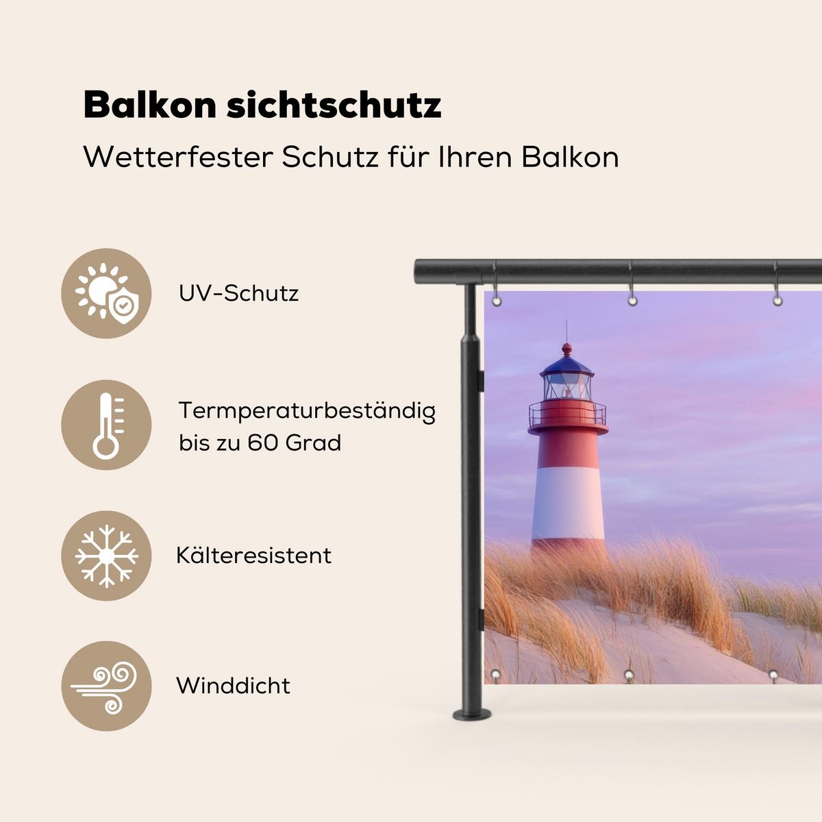 BALKON-SICHTSCHUTZ Leuchtturm - Dünen - Sonnenuntergang Witterungsbeständig 200x110 cm - Hellrosa, Kunststoff (200/110cm) - MuchoWow