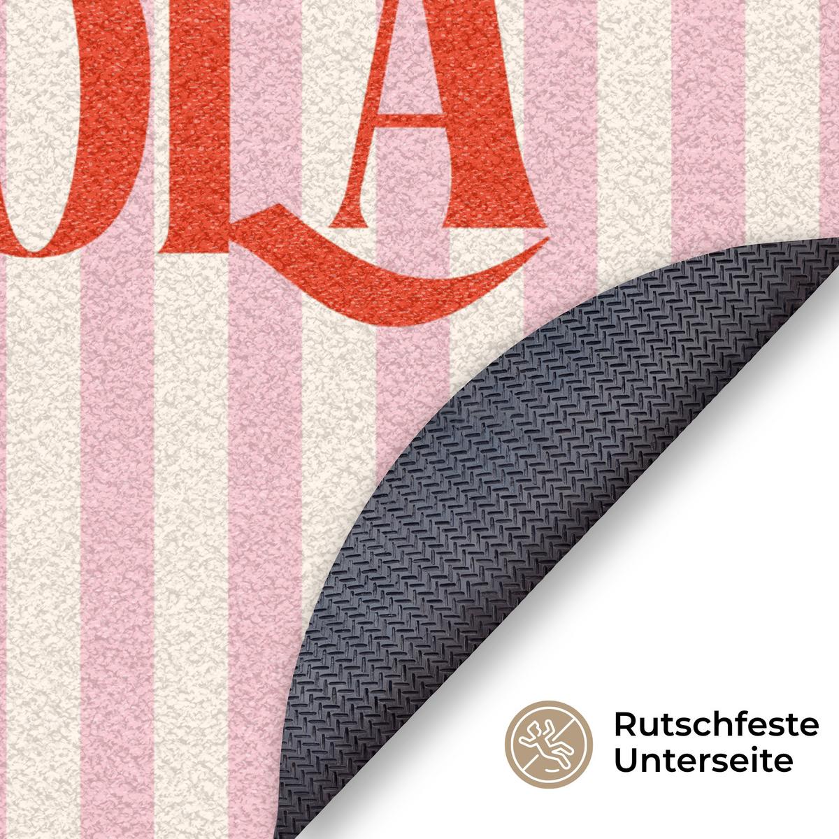 FUSSMATTE Hola - Zitat - Streifen - Pastell - Rosa - Rot - Weiß Schmutzfangmatte 120x120 cm - Rosa, Kunststoff (120/0.4cm) - MuchoWow