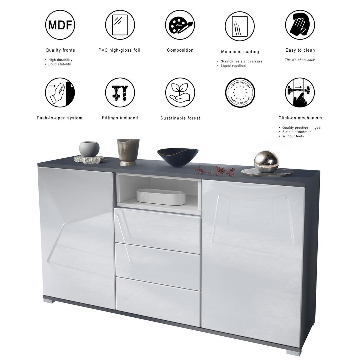 SIDEBOARD Skadu Grau Hochglanz - Anthrazit/Grau, Holzwerkstoff (138.5/75.5/35cm) - Vladon