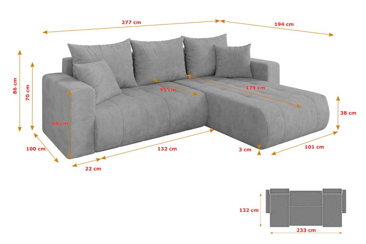 ECKSOFA mit Schlaffunktion Ottomane Rechts MILA-L 277x194x86 Grau Cord - Schwarz/Grau, Holzwerkstoff/Kunststoff (277/194cm) - ALTDECOR