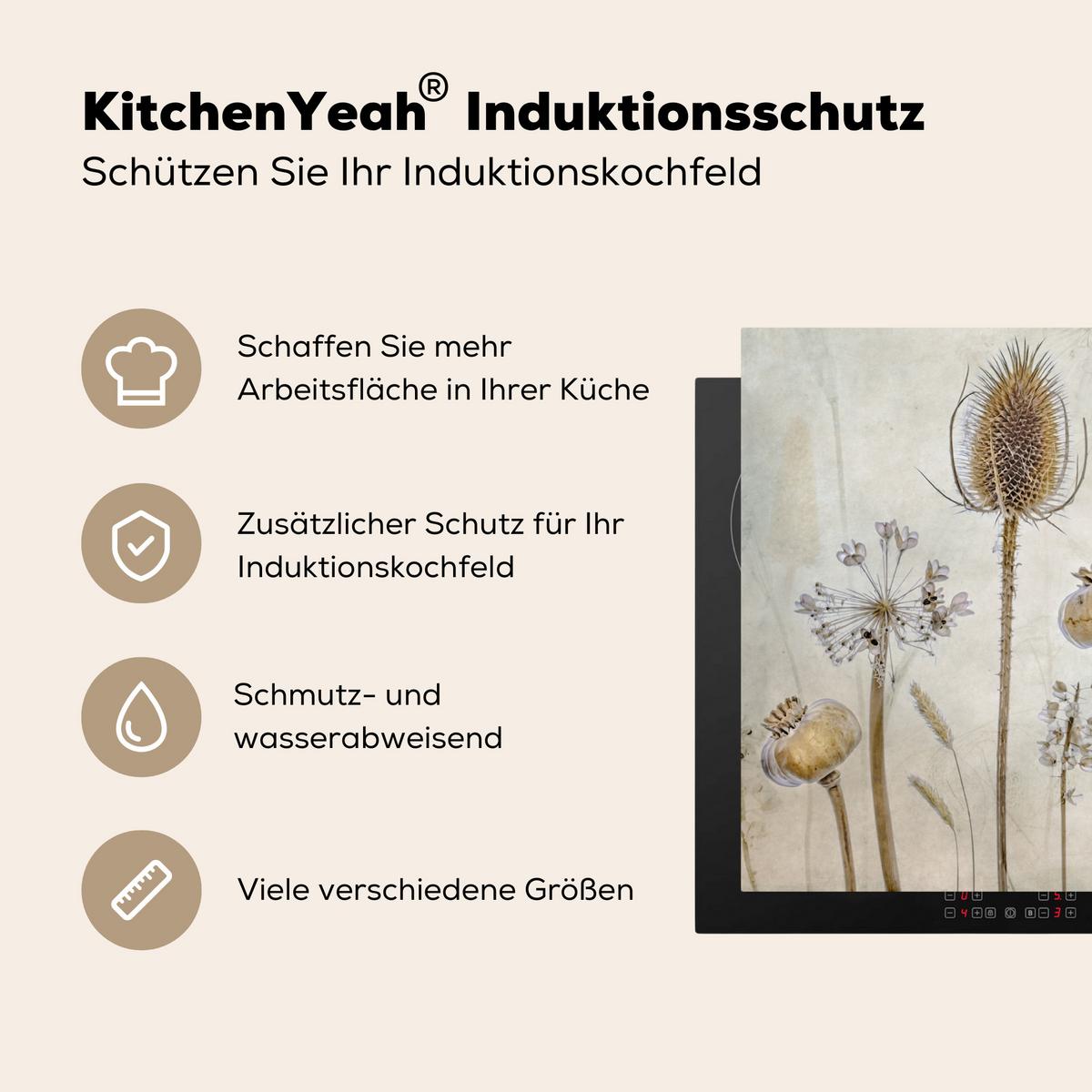 HERDABDECKPLATTE Blumen - Aquarell - Stilleben - Braun - Vintage Ceranfeldabdeckung 85x52 cm - Sandfarben, Kunststoff (85/52/0.2cm) - MuchoWow