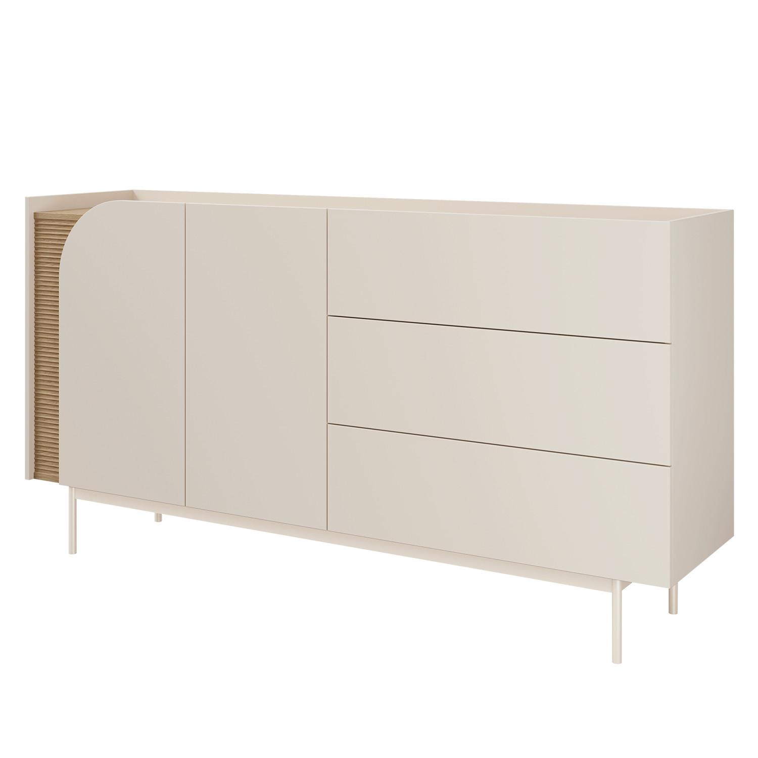 KOMMODE Camel mit 2 Türen und 3 Schubladen, geriffeltem Detail, 170 cm, Frühlingseiche + Macadamia - Eichefarben/Beige, Holzwerkstoff/Metall (172/90/42cm) - Beautysofa