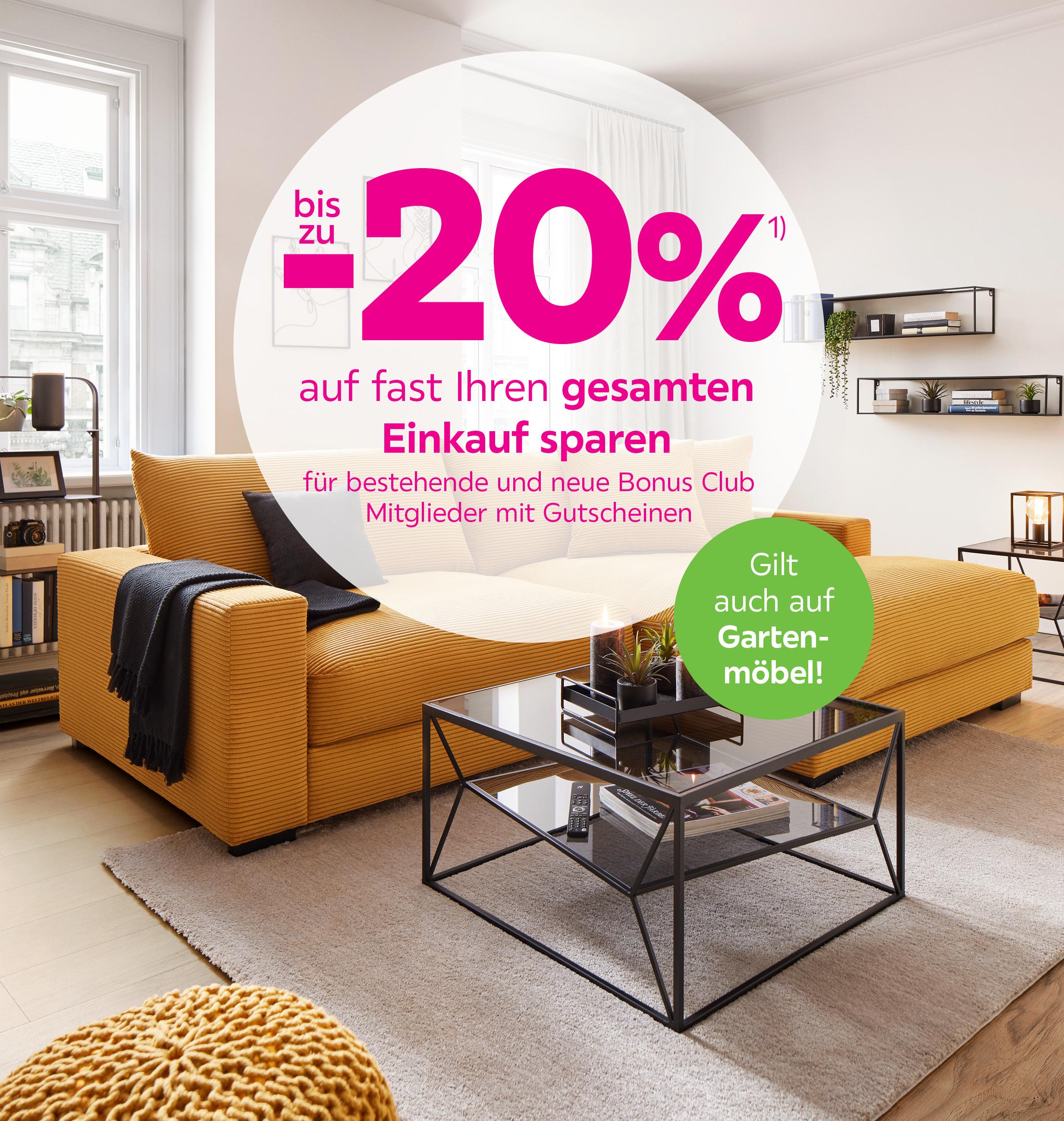 bis zu 20% auf fast den gesamten Einkauf sparen! für neue und bestehende Bonus Club Mitglieder mit Gutscheinen