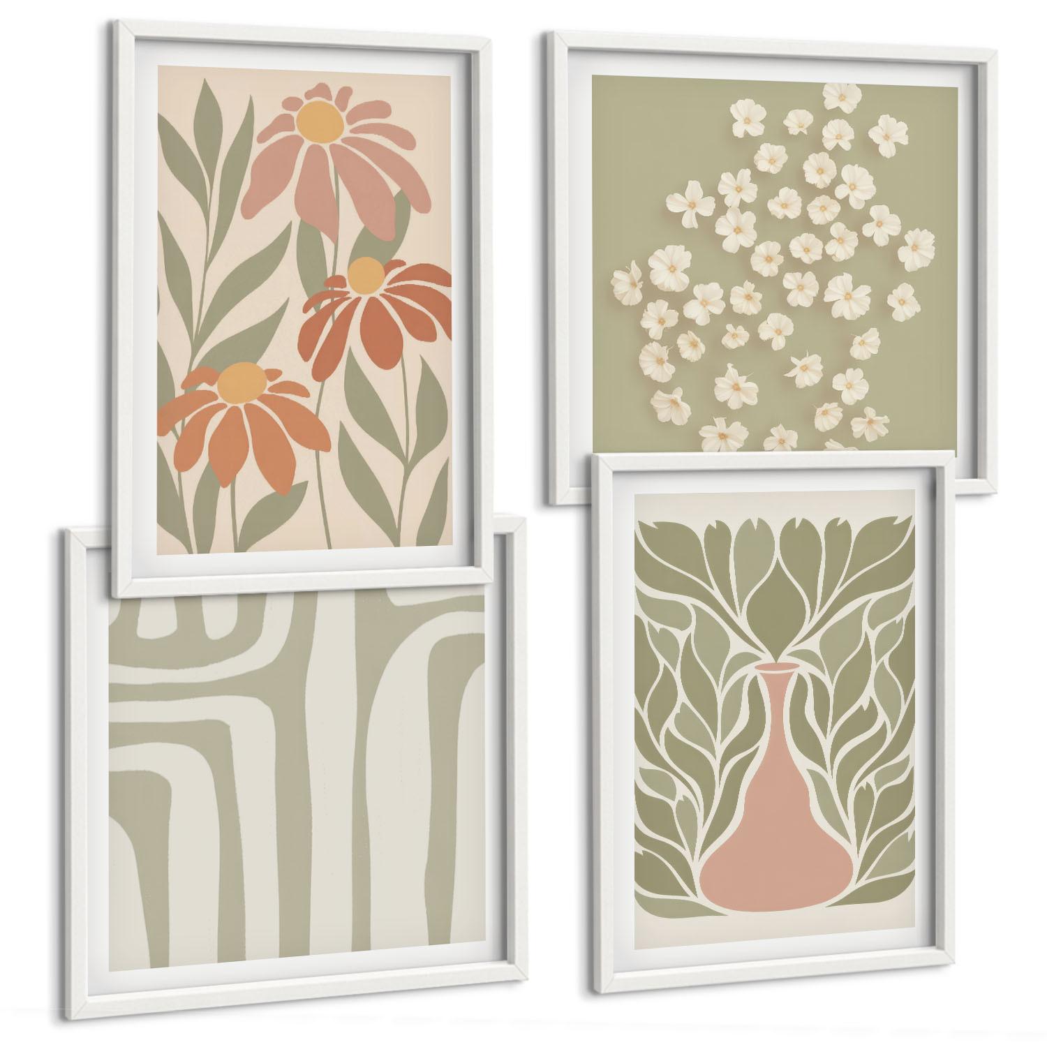 BILDER SET 4er Set - 50x50 cm & 40x60 cm Weißer Rahmen - Floraler minimalistischer Boho-Stil - Weiß, Kunststoff (50/50cm) - TULUP