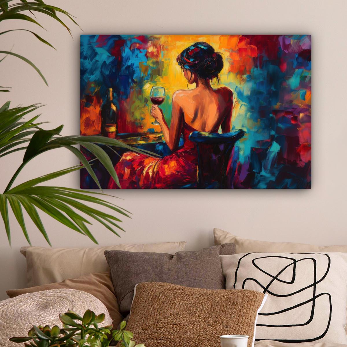 LEINWANDBILD Wein - Frau - Stimmungsvoll - Farbenfroh Wanddeko 90x60 cm - Bordeaux, Textil (90/60cm) - MuchoWow