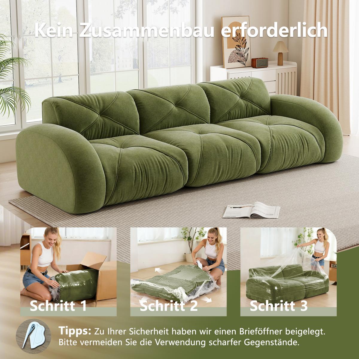 3-SITZER SOFA chenille in weiß oder grün, rahmenlos & montagefrei - Grün, Textil (281/76/95cm) - Urban Meuble