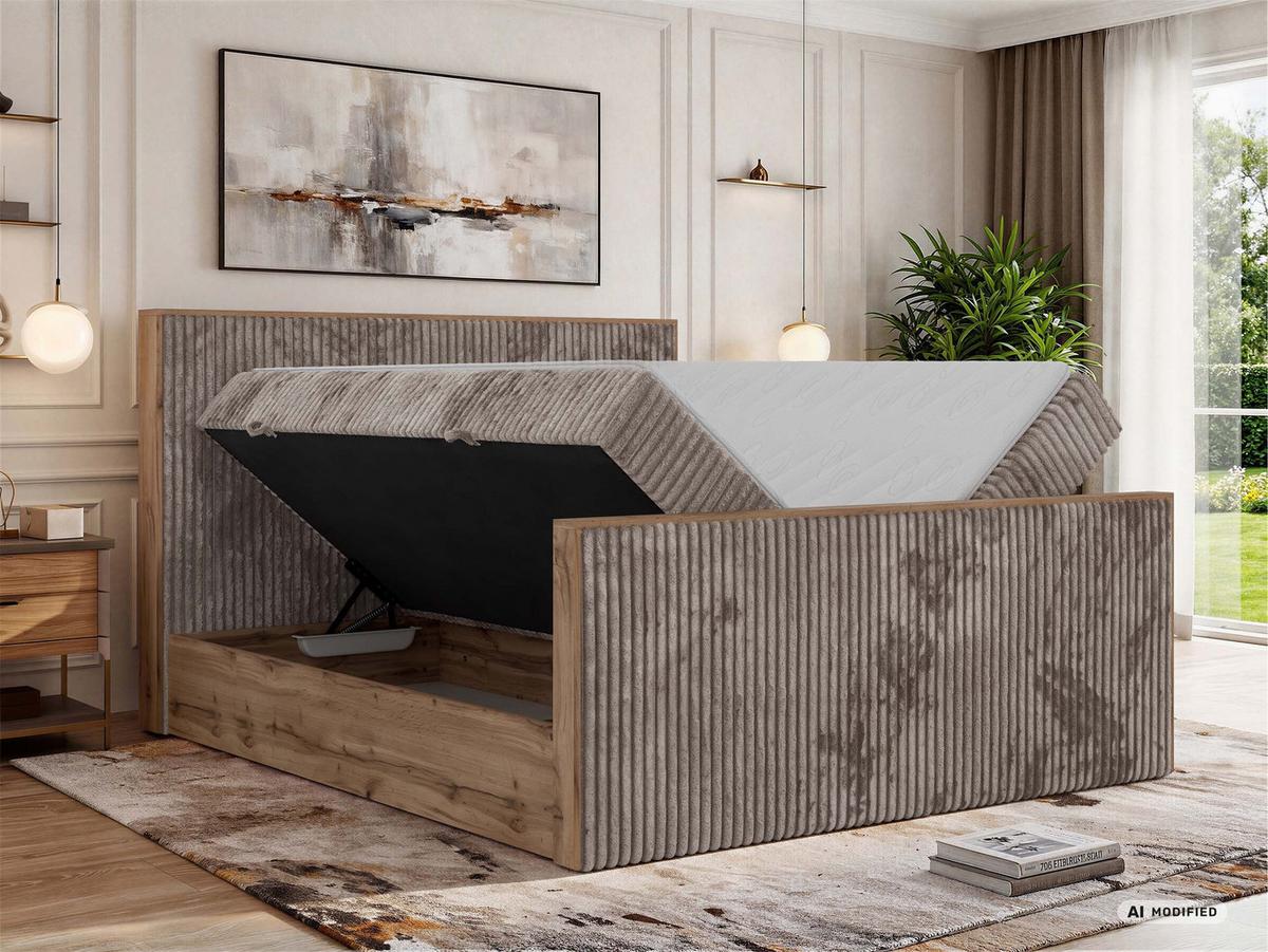 BOXBETT WOOD DUO 200/200 - Hellbraun Cord - Topper Visco - H3 - Hellbraun/Schwarz, Kunststoff/Textil (200/200cm) - MKS