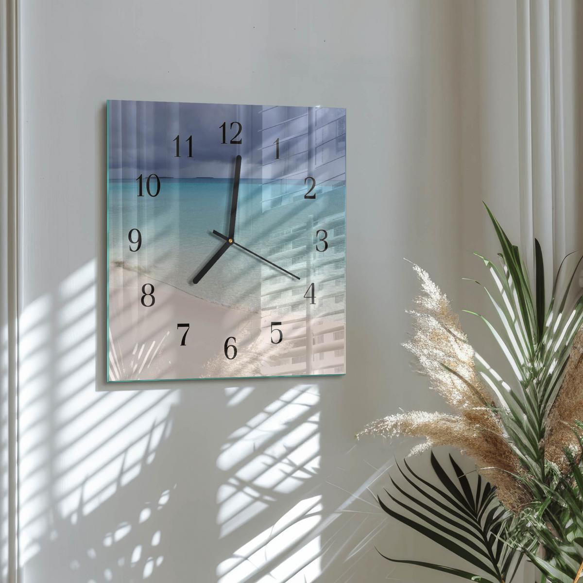 WANDUHR aus Glas 30x30 cm - Strand - Blau, Glas (30/30/0.4cm) - TULUP