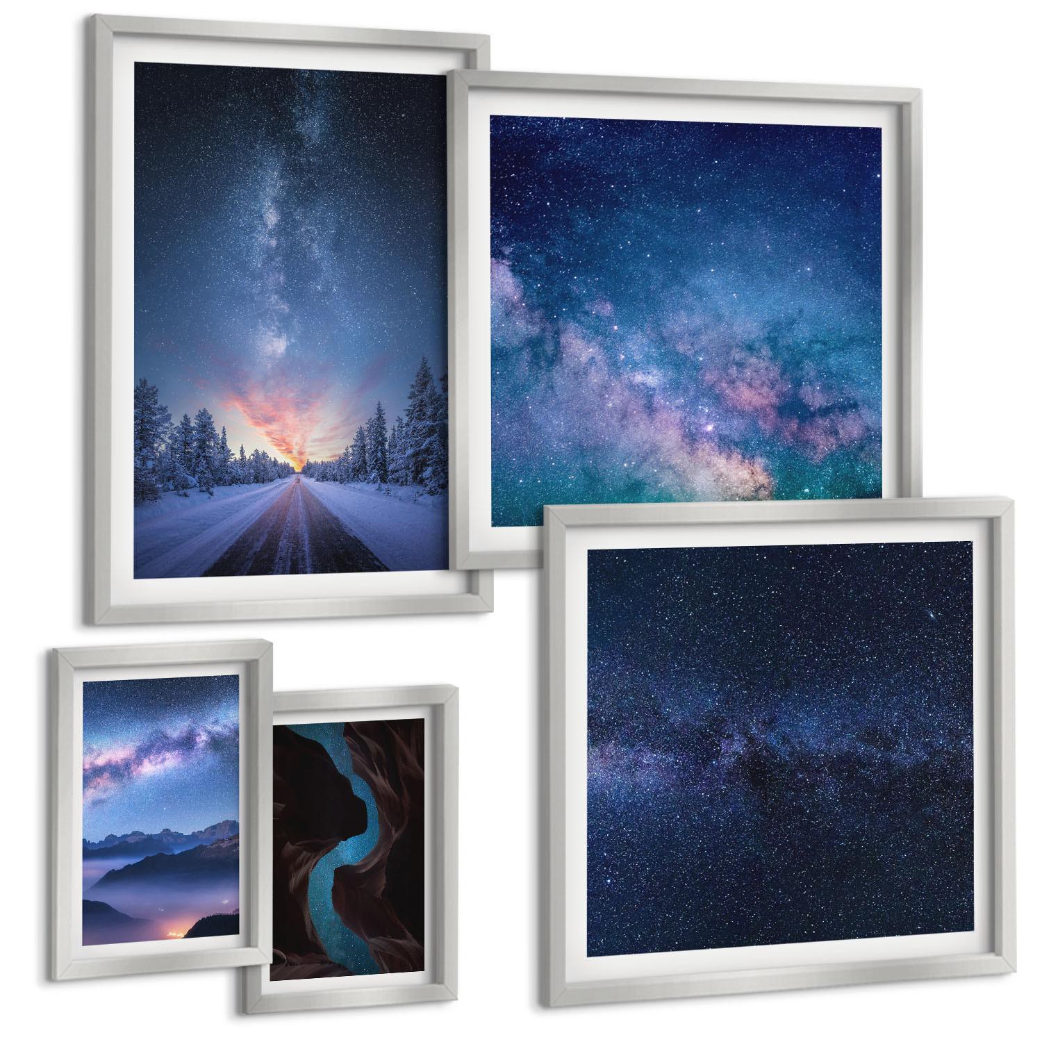 BILDER SET 5er Set - 50x50 cm & 20x30 cm & 40x60 cm Silberner Rahmen - Herbstliche Naturlandschaften - Silberfarben, Kunststoff (40/60cm) - TULUP