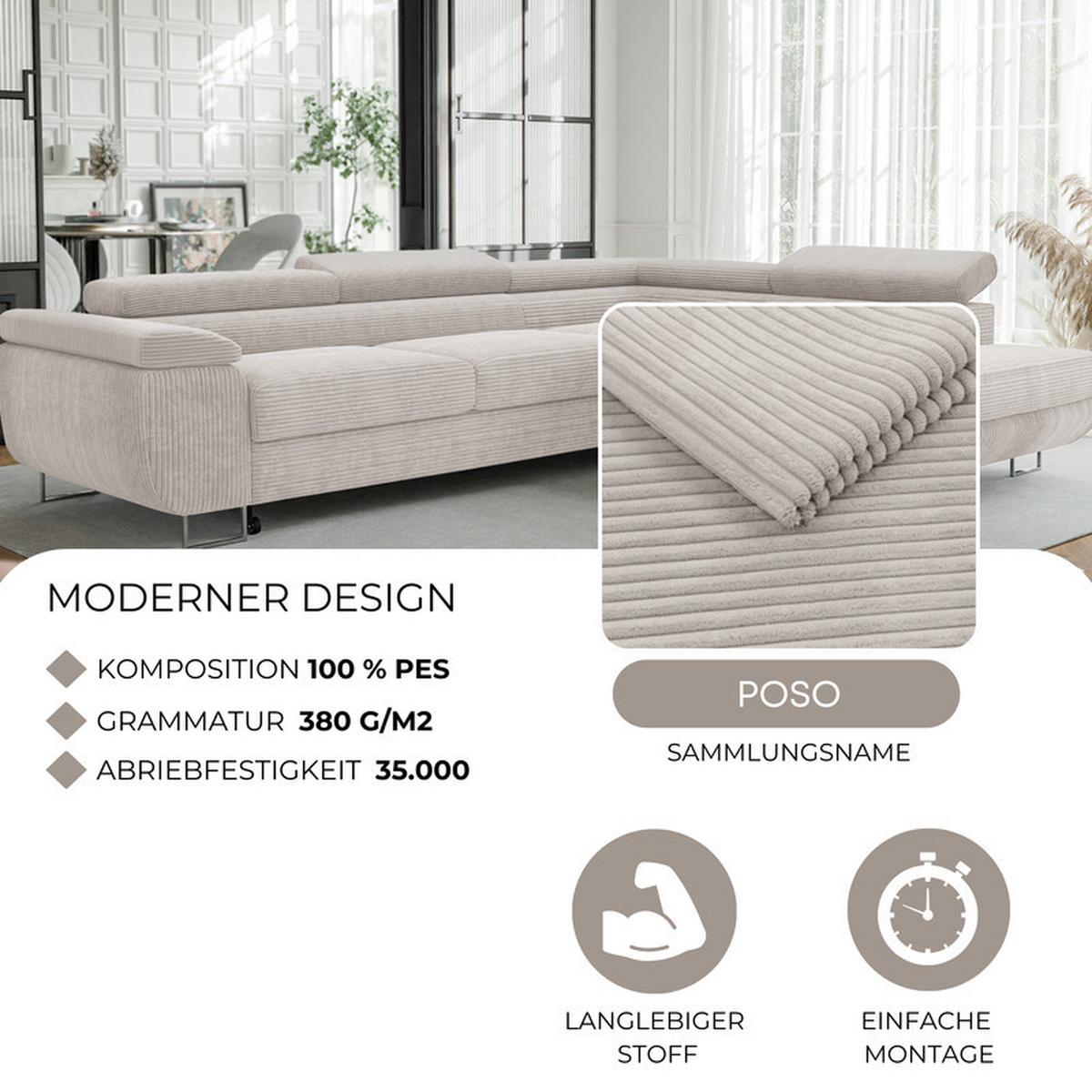 ECKSOFA ANTON rechts, mit Schlaffunktion und Bettkasten Creme - Chromfarben/Creme, Textil/Metall (274/203cm) - Idohome