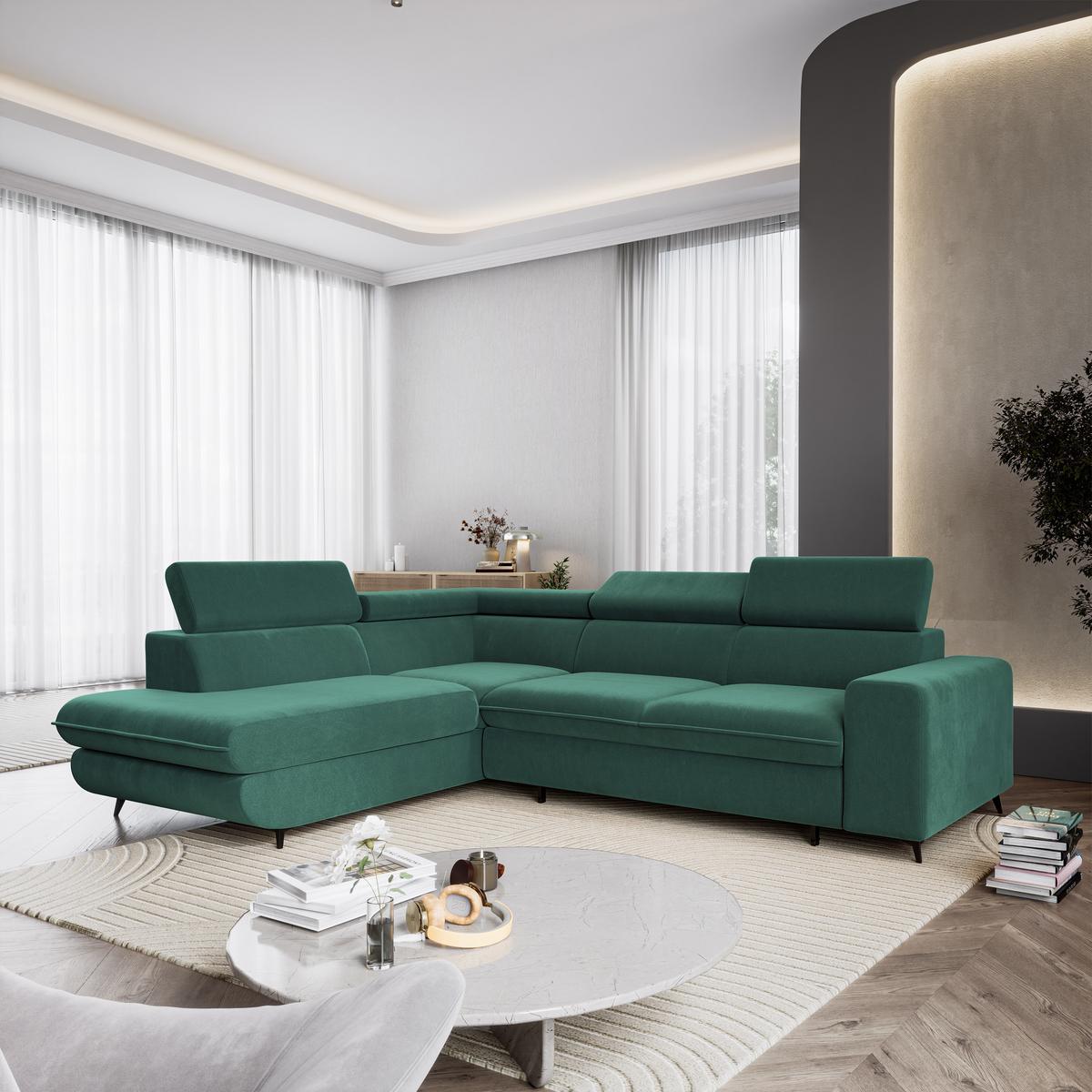 ECKSOFA VELISS Blau Veloursstoff mit Schlaffunktion - Blau, Holz (255/193cm) - MASSENO
