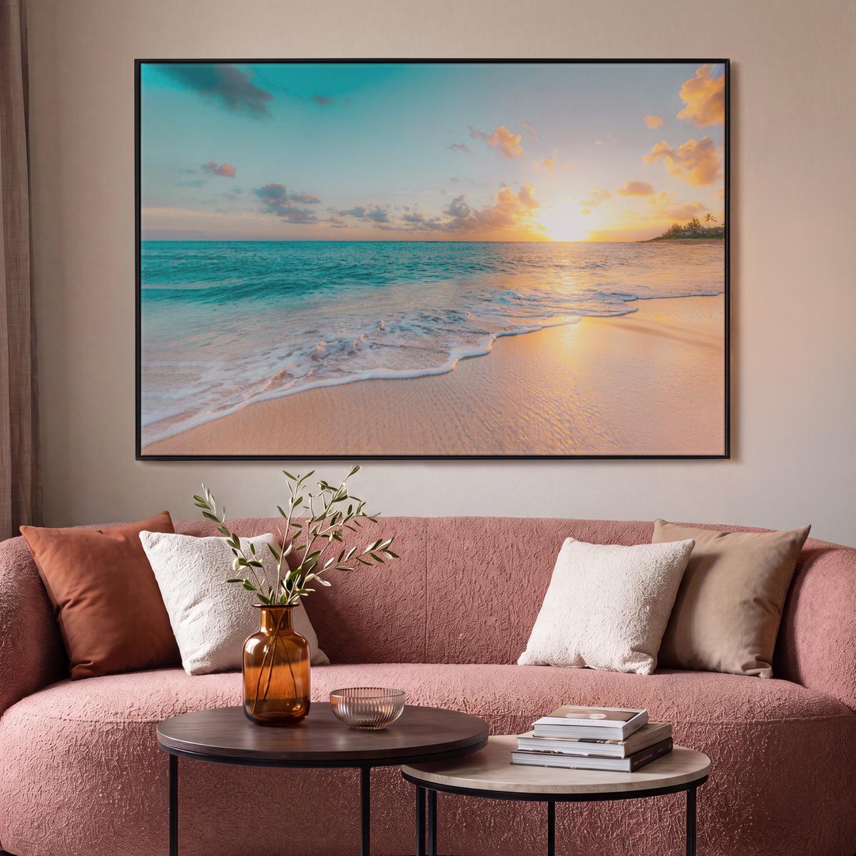 LEINWAND Bilder mit Rahmen - Sonnenuntergang - Strand - Meer - Sommer - Blau - 150x100 - Multicolor, Textil (150/100cm) - MuchoWow