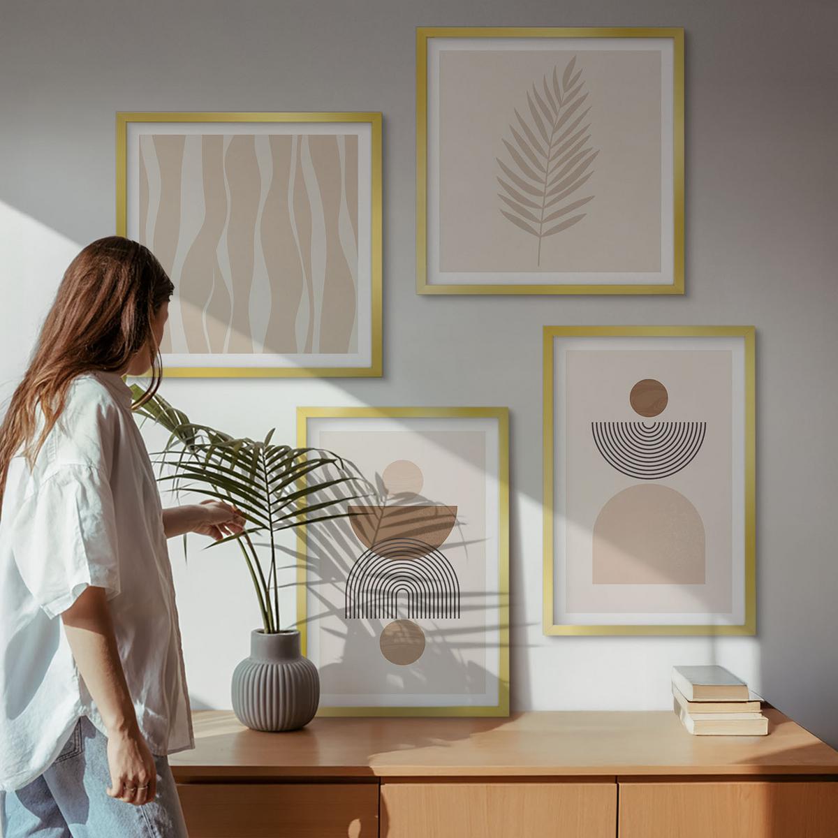 BILDER SET 4er Set - 50x50 cm & 40x60 cm Goldrahmen - Abstrakte Formen braun beige - Goldfarben, Kunststoff (50/50cm) - TULUP