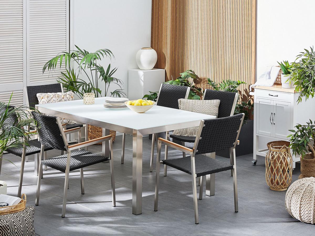 GARTENSTUHL 6er-Set Rattan Edelstahl Grosseto - Silberfarben/Schwarz, Kunststoff (55/87/58cm) - Beliani