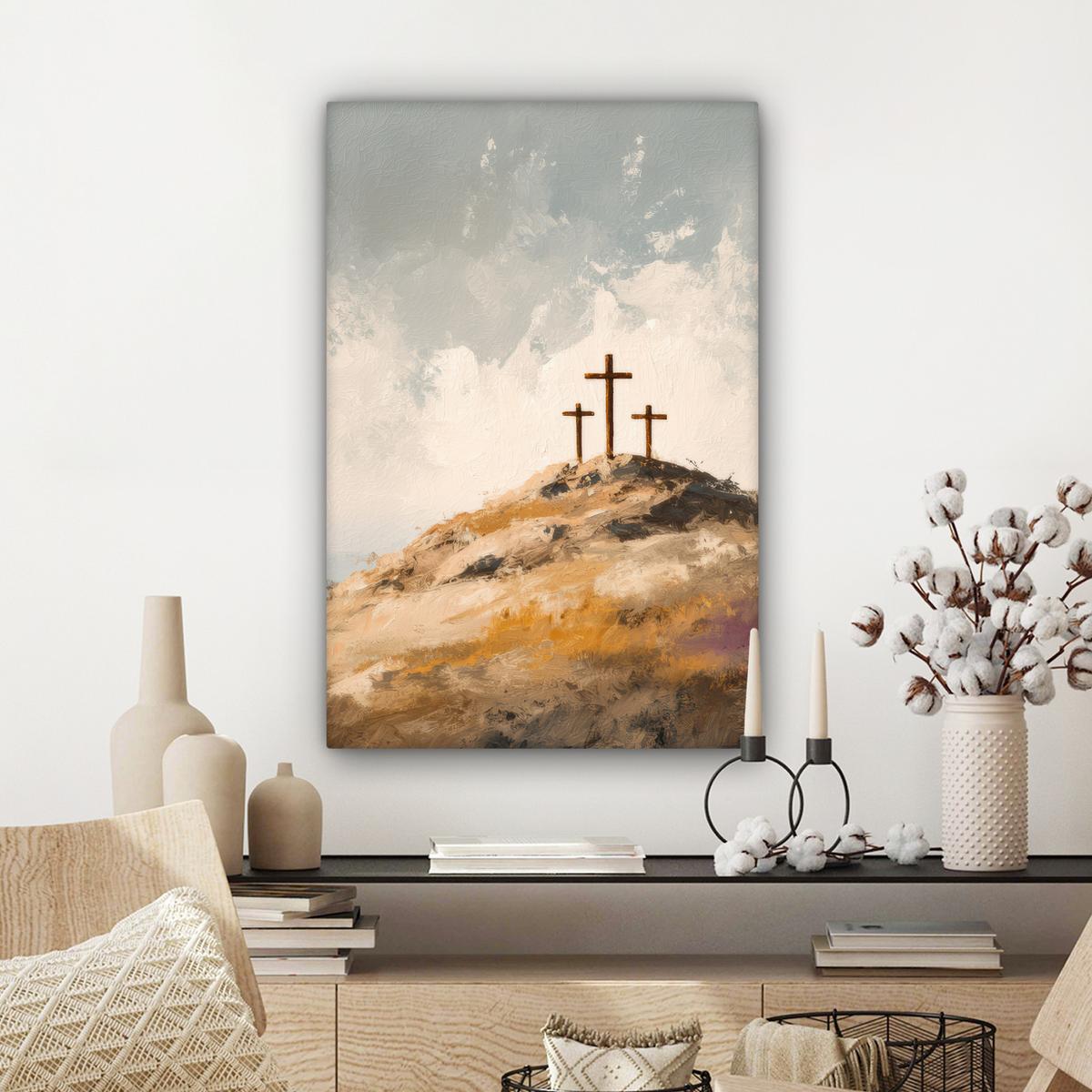 LEINWANDBILD Hügel - Abstrakt - Christentum - Kreuz Wanddeko 40x60 cm - Hellgrau, Textil (40/60cm) - MuchoWow
