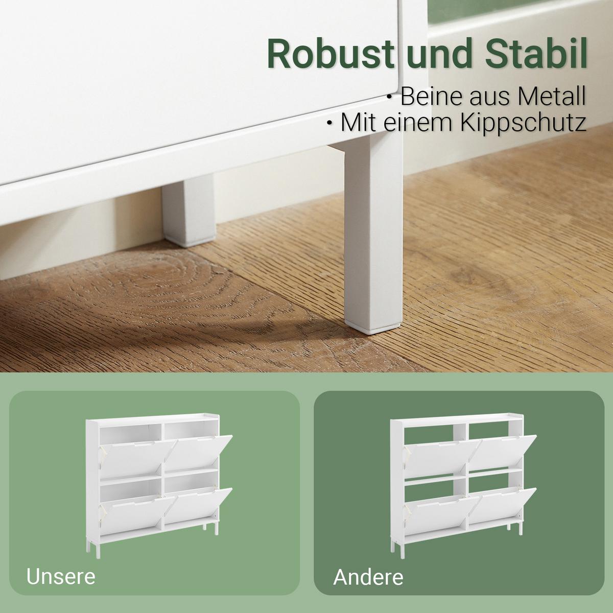 SCHUHKIPPER mit 4 Klappen, Schuhschrank schmal, 100x91x19cm Weiß - Weiß, Holzwerkstoff/Metall (100/91/19cm) - SoBuy