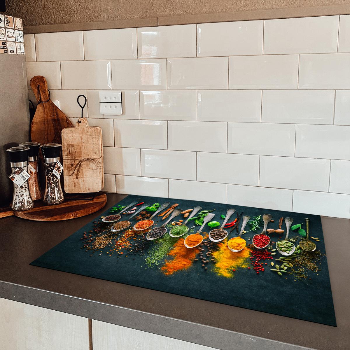 HERDABDECKPLATTE Kräuter - Gewürze - Löffel Herdabdeckung Induktionsfeld 70x52 cm - Multicolor, Kunststoff (70/52/0.2cm) - MuchoWow