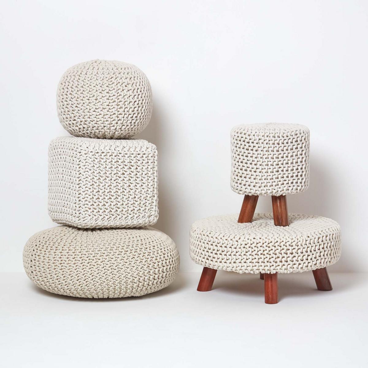 STRICK-HOCKER natur, Dreibein 32/32/42 cm - Naturfarben, Textil (32/42/32cm) - Homescapes