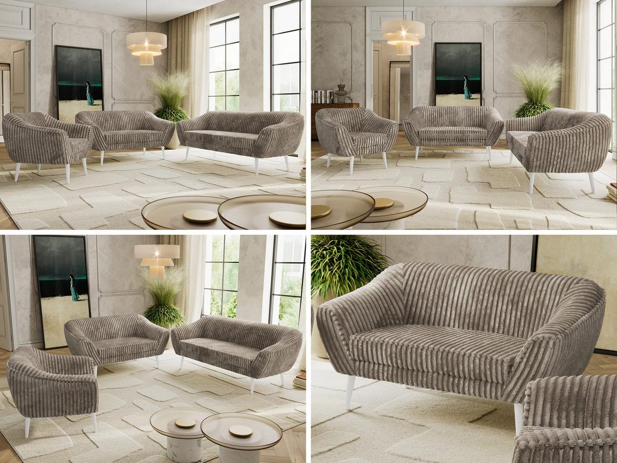 SITZGARNITUR PIRS 3+2+1 - Hellbraun Cord - Weiße Beine - Hellbraun/Weiß, Holzwerkstoff/Textil (180/75/74cm) - MKS